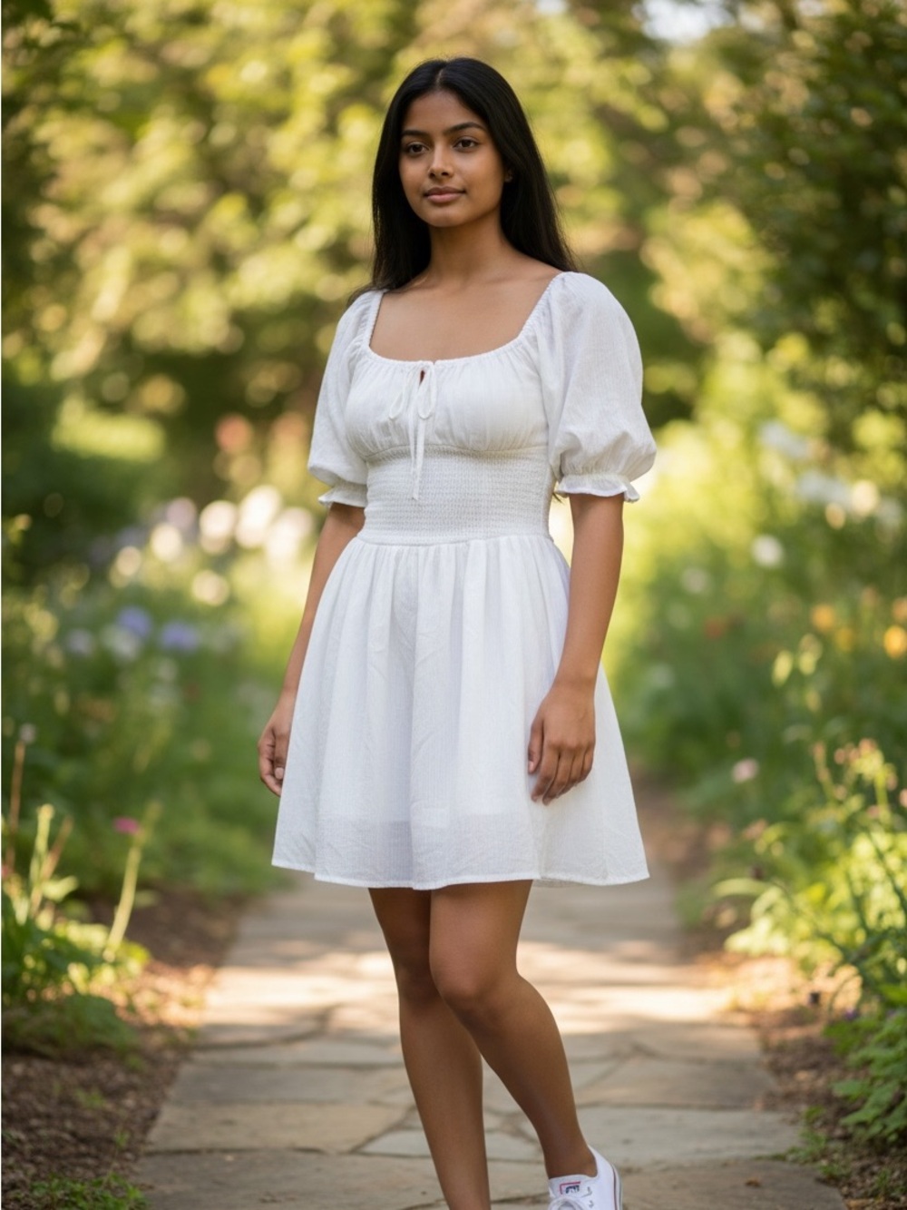 Hollister White Puff-Sleeve Smocked Mini Dress